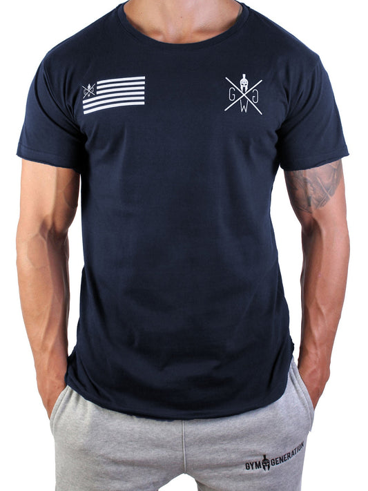 Navyblaues Gym T-Shirt für Herren mit weißem Brustlogo, Frontansicht