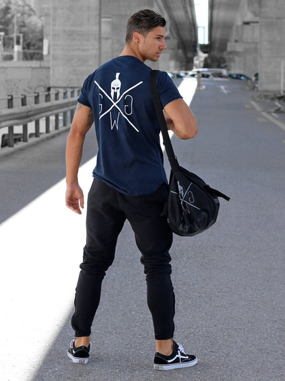 Dunkelblaues Fitness T-Shirt mit Raw-Cut-Kanten, Detailansicht