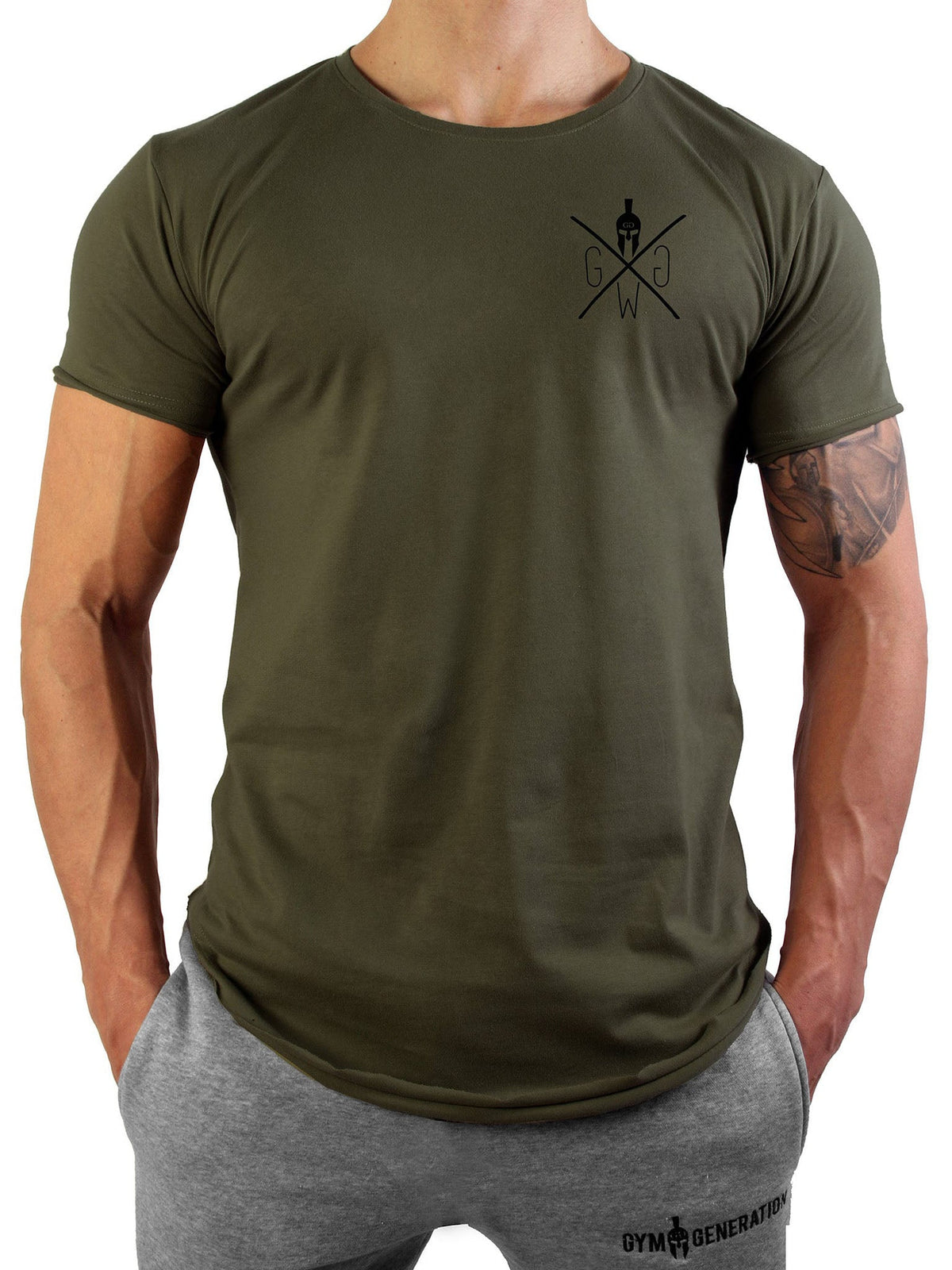 Olivgrünes Fitness T-Shirt mit Raw-Cut-Kanten, Frontansicht