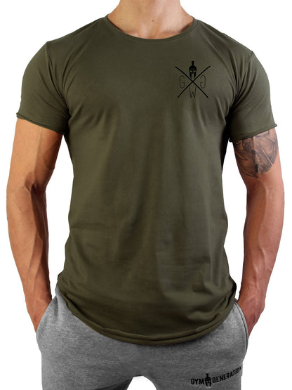 Olivgrünes Fitness T-Shirt mit Raw-Cut-Kanten, Frontansicht