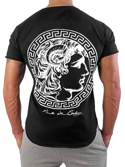 Schwarzes Gym T-Shirt mit Alexander-Münzprint auf dem Rücken
