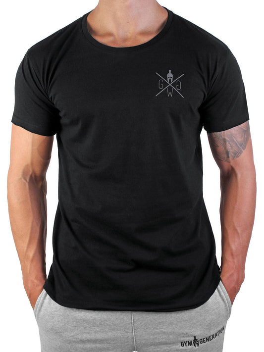 Schwarzes Gym T-Shirt Warrior Blackout mit Logo Ton in Ton, Vorderansicht
