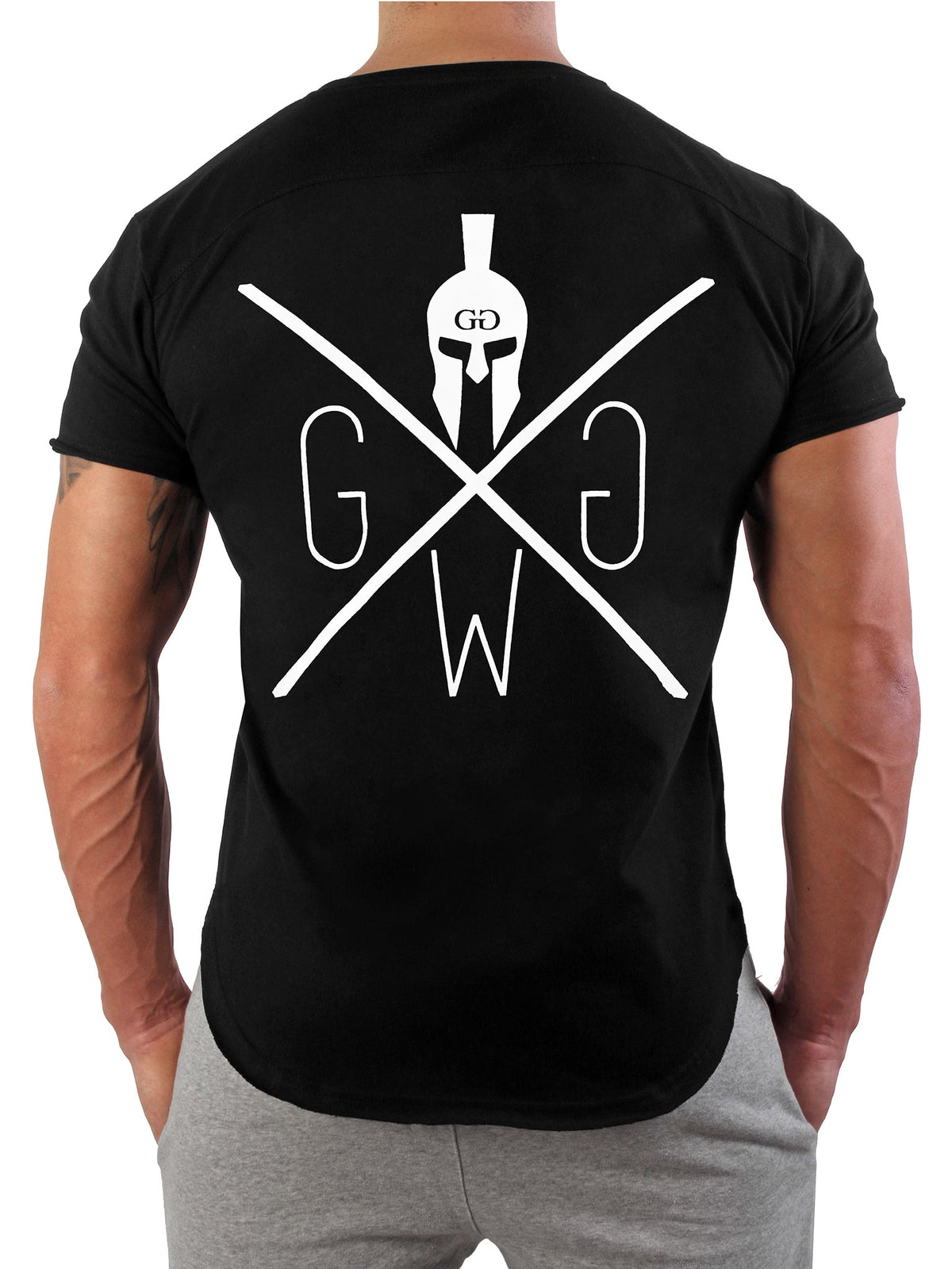 Schwarzes Gym T-Shirt Warrior mit großem Logo auf dem Rücken