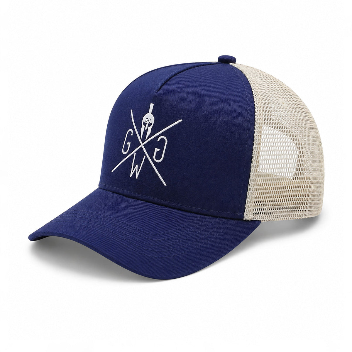 Blaue Cap mit beigem Netz in schräger Seitenansicht