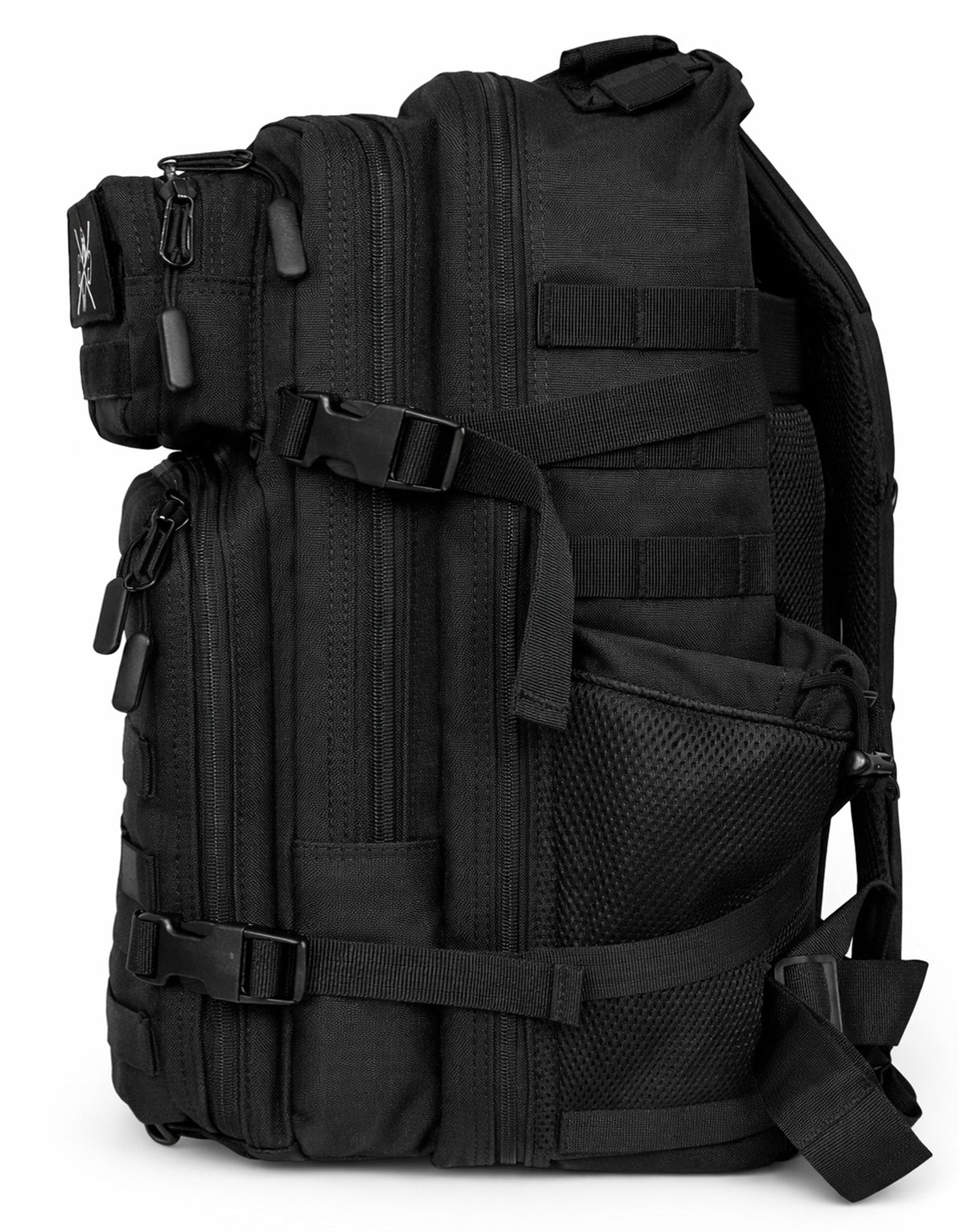 Seitenansicht mit Kompressionsriemen und Netztasche