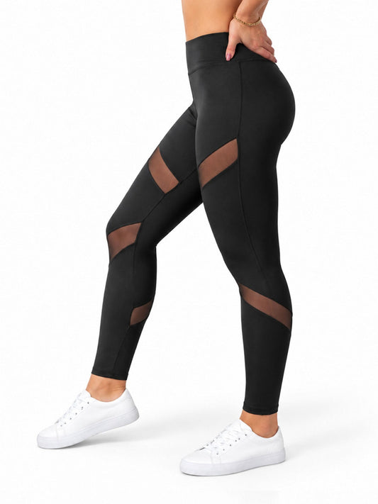 Schwarze Leggings im Profil, Netzstreifen quer über Oberschenkel und Wade