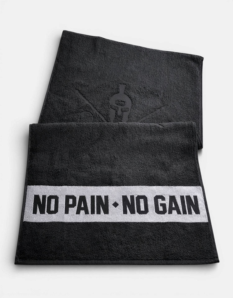 Gestickter No Pain No Gain Schriftzug auf grauem Balken