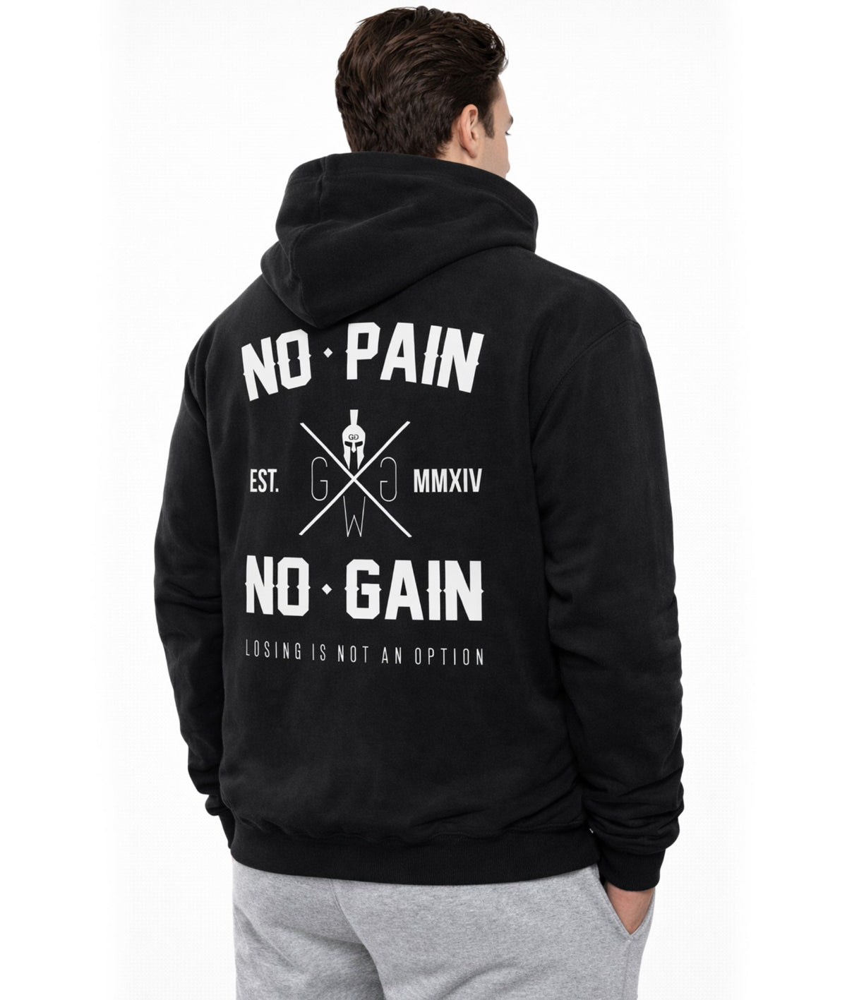 No Pain No Gain Hoodie für Herren, Rückenansicht am Model