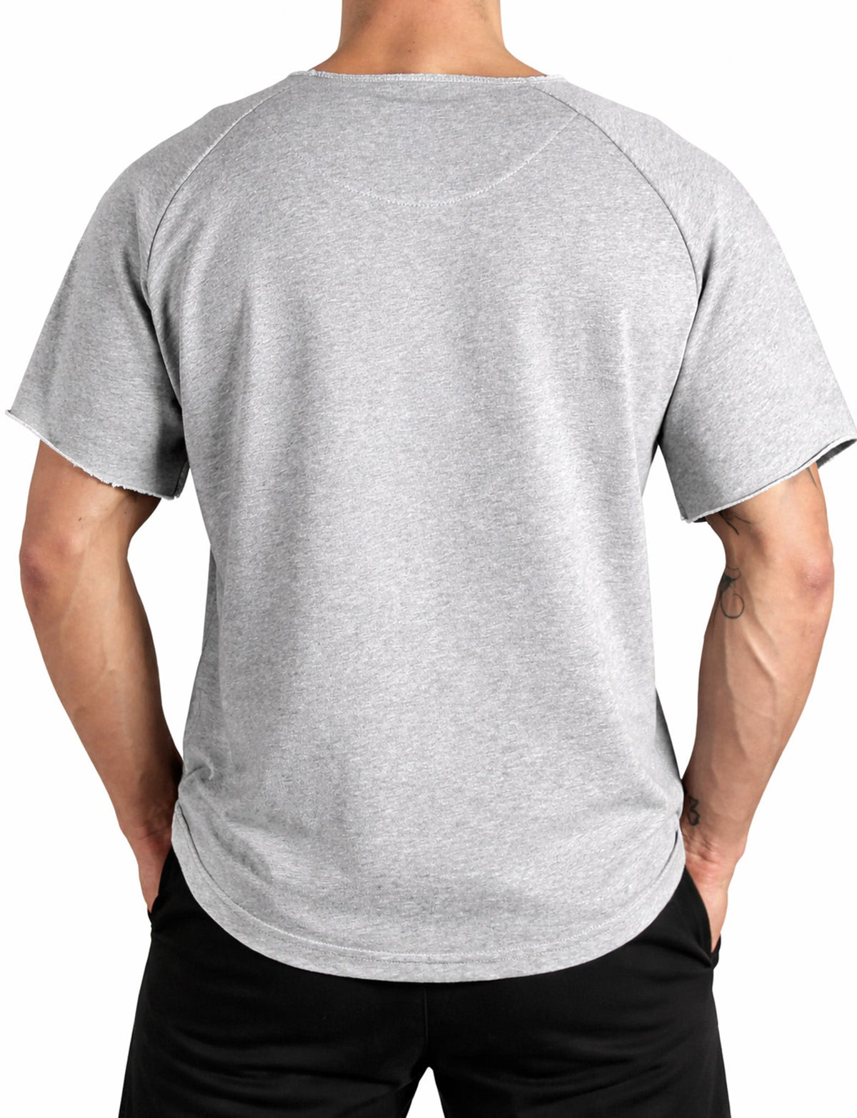 Rückansicht des grauen Bodybuilding Shirts ohne Print