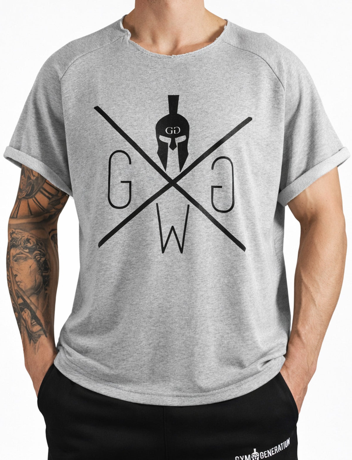 Graues Bodybuilding T-Shirt für Herren im Oversized-Schnitt, Vorderansicht