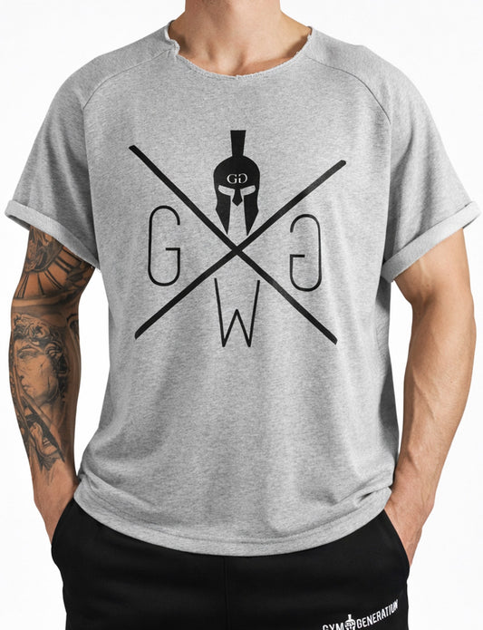 Graues Bodybuilding T-Shirt für Herren im Oversized-Schnitt, Vorderansicht