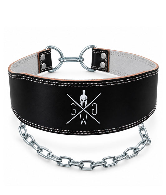 Dip Belt aus schwarzem Leder mit Stahlkette und weißer Doppelnaht