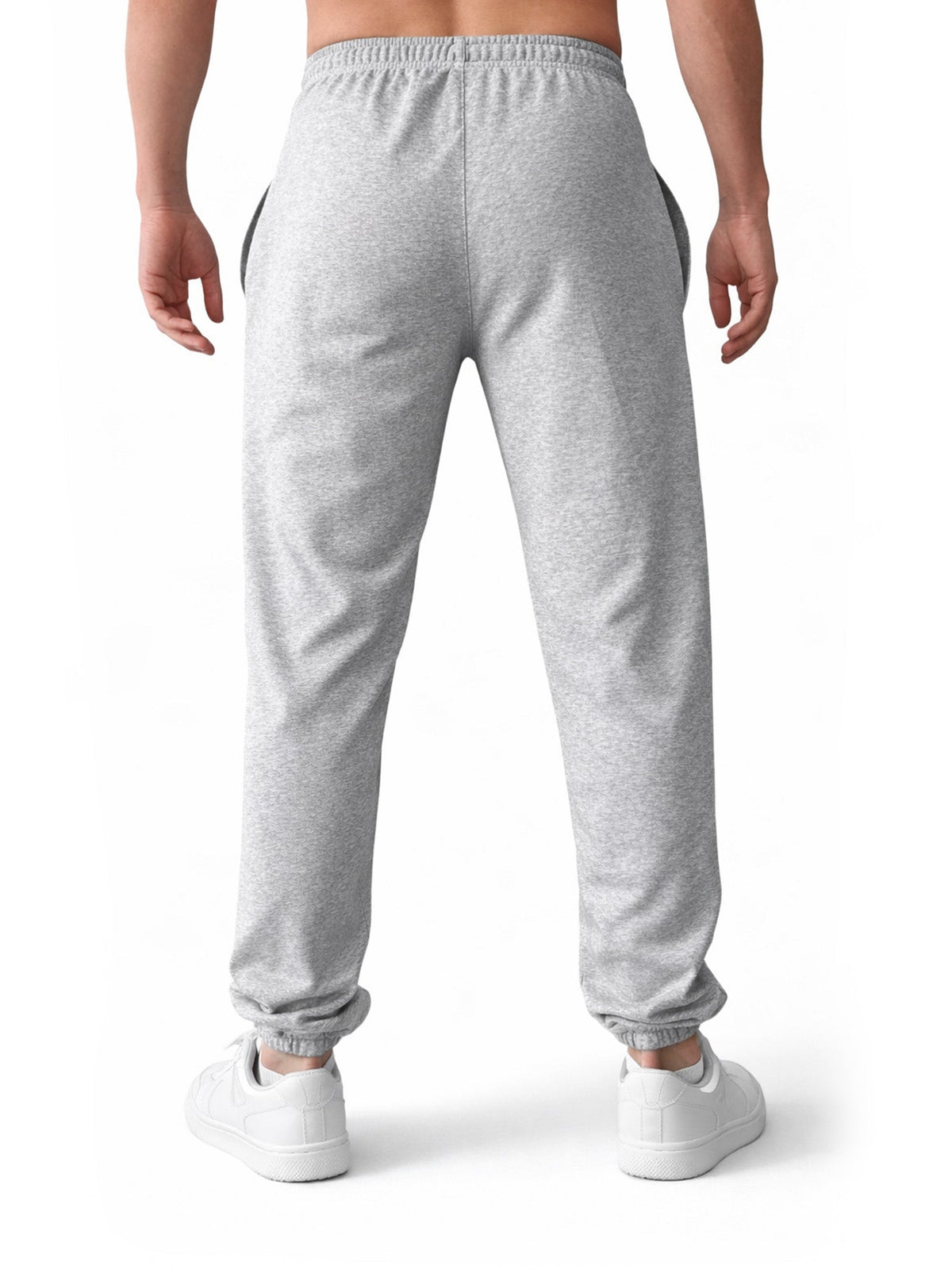 Rückansicht der grauen Sweatpants mit glatter Fläche und elastischem Bund
