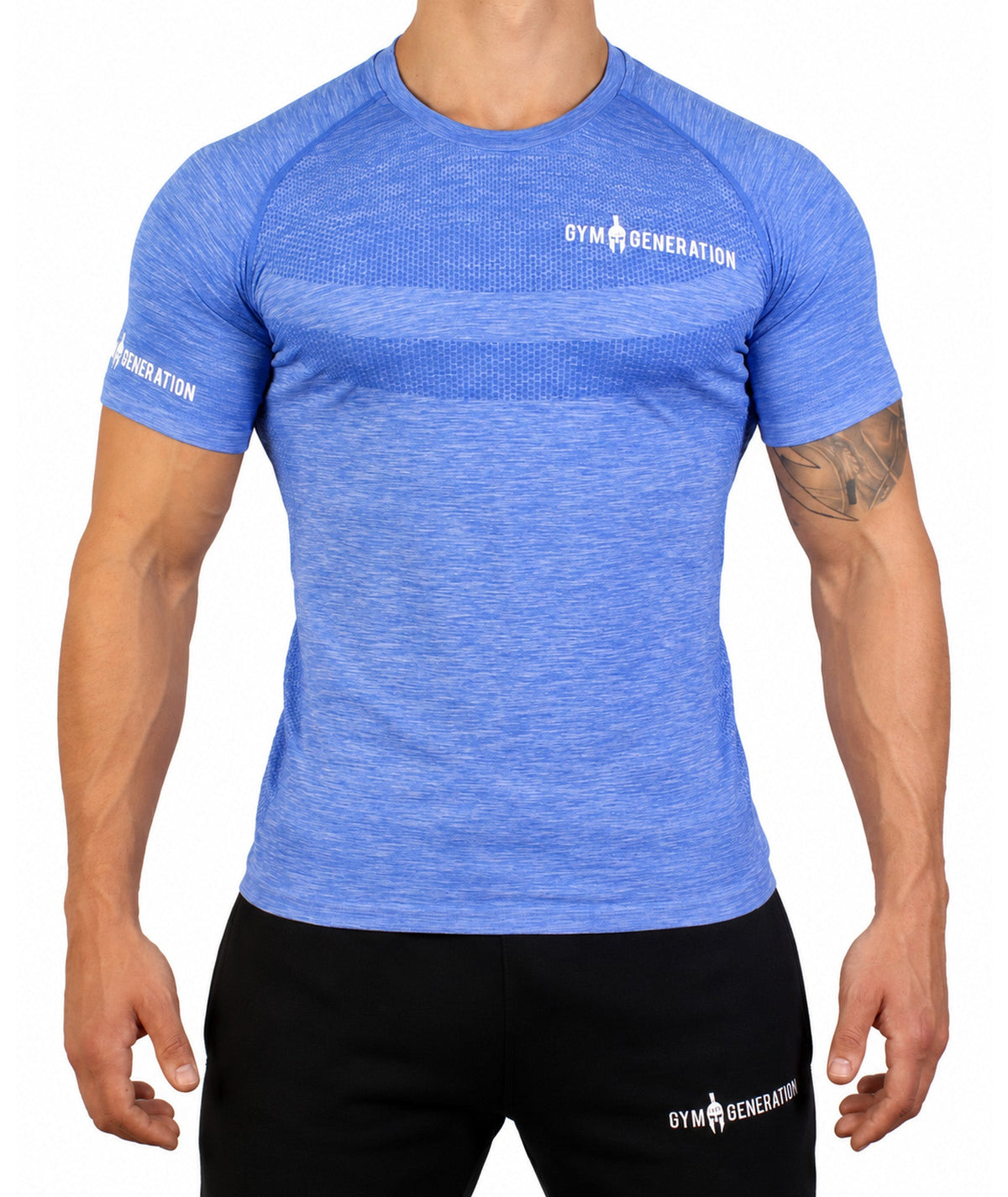 Seamless Fitness Shirt Herren in Blau meliert, Vorderseite mit Wabenband über der Brust und weißem Gym Generation Schriftzug