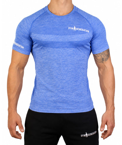 Seamless Fitness Shirt Herren in Blau meliert, Vorderseite mit Wabenband über der Brust und weißem Gym Generation Schriftzug