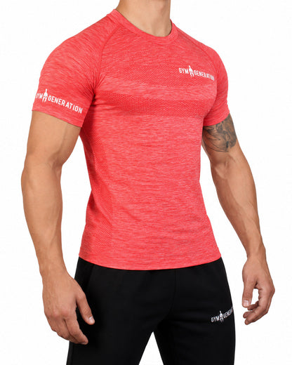 Rot meliertes Seamless Shirt für Herren seitlich, eng anliegend mit Wabenzone an der Flanke und Schriftzug am Ärmel