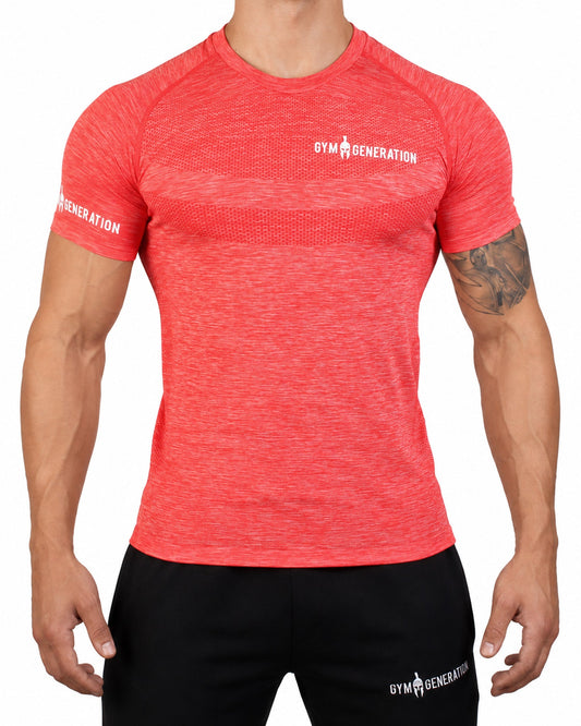 Rotes Seamless Funktionsshirt für Herren, Vorderseite mit Wabenband über der Brust und weißem Gym Generation Schriftzug