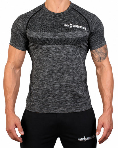Seamless T-Shirt Herren in Dunkelgrau meliert, Vorderseite mit Wabenstruktur an der Brust, dunkel abgesetzten Raglannähten und weißem Schriftzug
