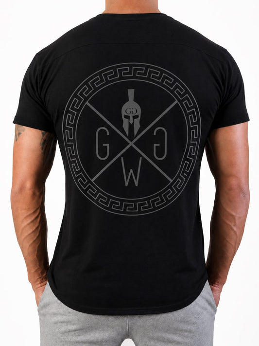 Schwarzes Spartan Gym T-Shirt mit Mäander-Print in Anthrazit auf dem Rücken