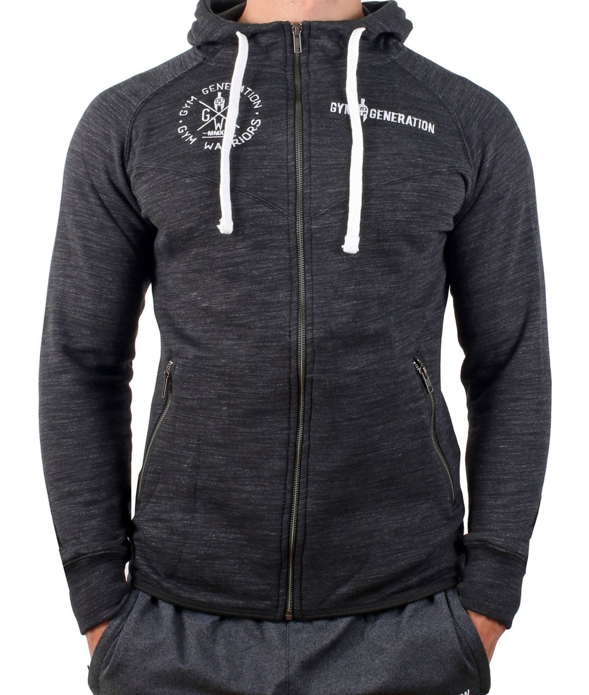 Dunkelgrau melierter Gym Hoodie mit Reißverschluss, Frontansicht