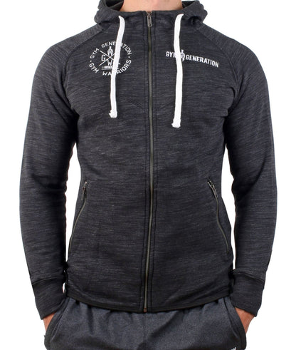 Dunkelgrau melierter Gym Hoodie mit Reißverschluss, Frontansicht
