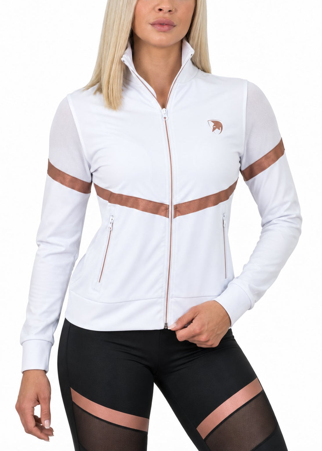Weiße Trainingsjacke für Damen mit Stehkragen und Rosé-Gold-Streifen, Frontansicht