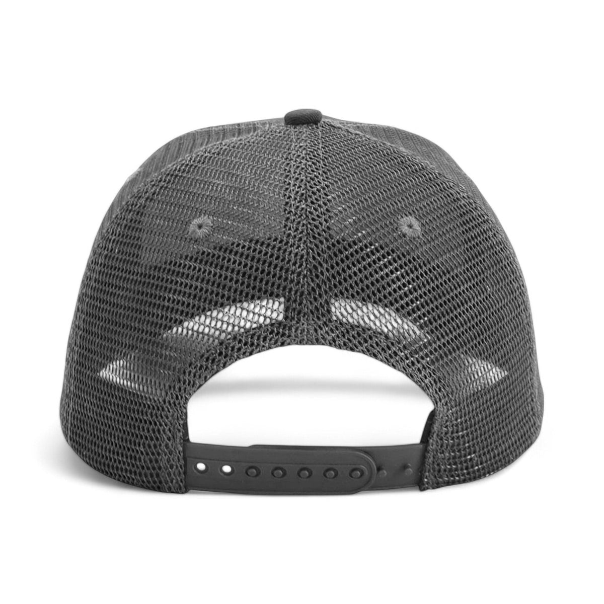 Rückansicht der dunkelgrauen Trucker Cap mit Netzpanels