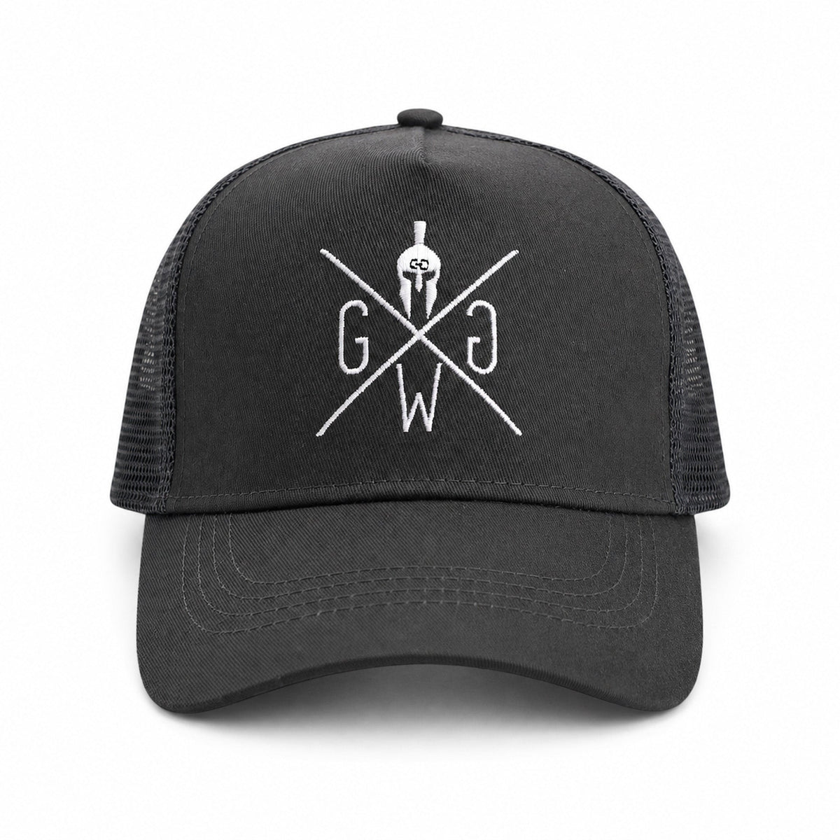 Dunkelgraue Trucker Cap Urban mit weiß gesticktem Logo, Frontansicht