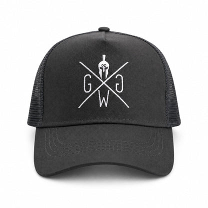 Dunkelgraue Trucker Cap Urban mit weiß gesticktem Logo, Frontansicht