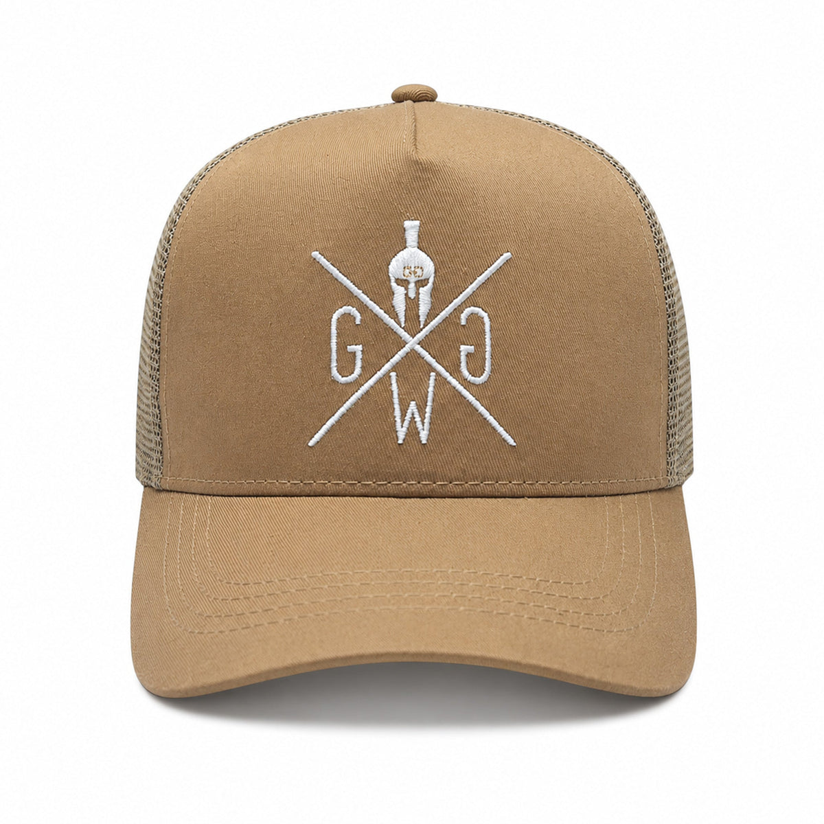 Beige Trucker Cap Urban mit weiß gesticktem Logo, Frontansicht