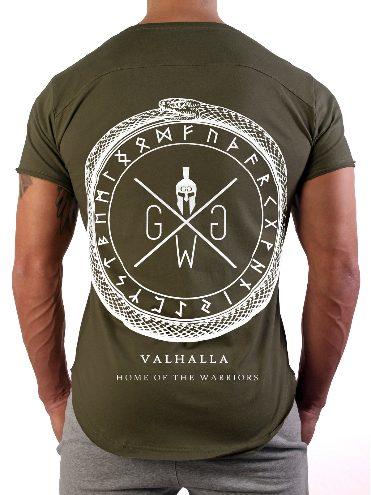 Olivgrünes Valhalla T-Shirt mit großem weißem Ouroboros-Print auf dem Rücken