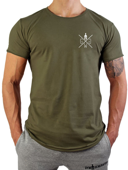 Valhalla Gym T-Shirt in Olive, Frontansicht im Studio