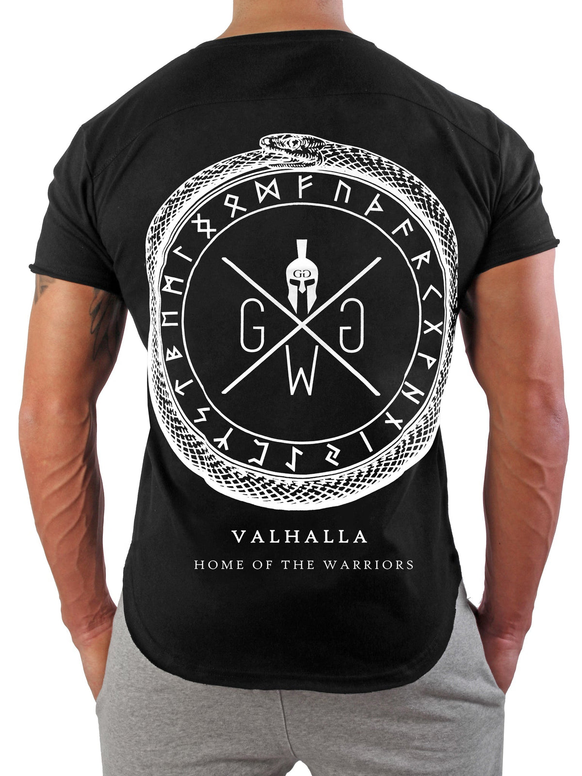 Schwarzes Gym T-Shirt Valhalla mit Ouroboros-Rückenprint