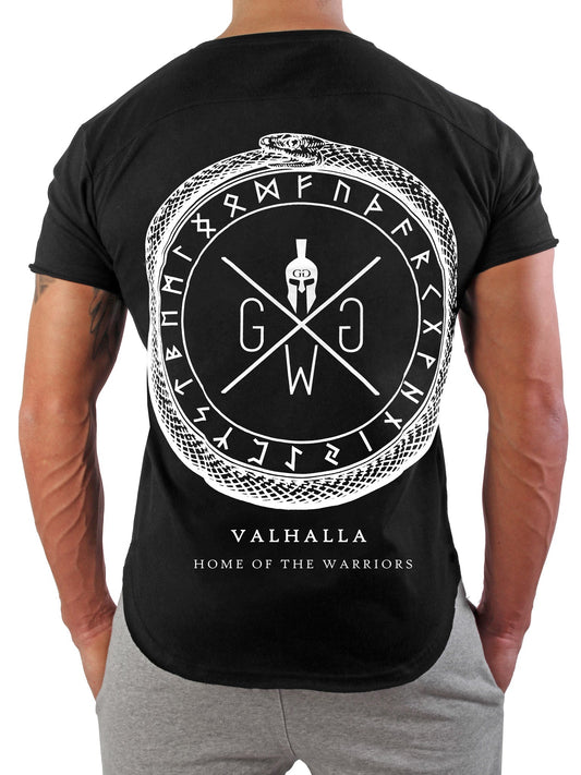 Schwarzes Gym T-Shirt Valhalla mit Ouroboros-Rückenprint