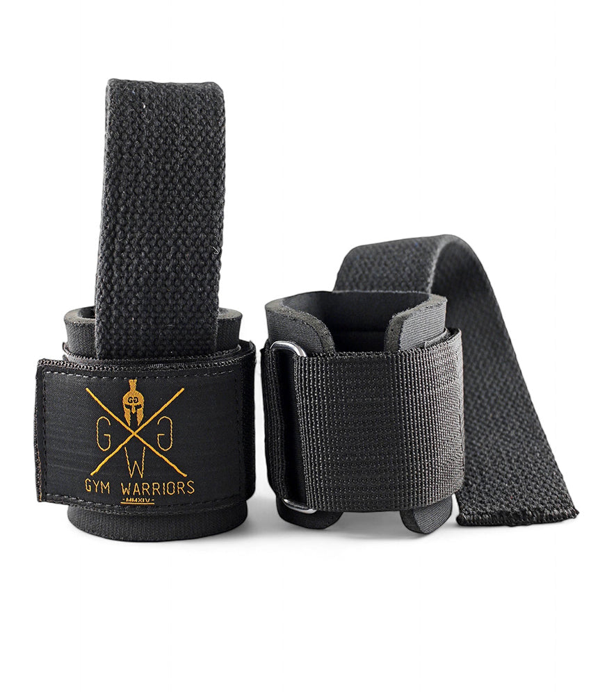 Schwarze Zughilfen mit Handgelenkschutz und goldenem Gym Warriors Logo