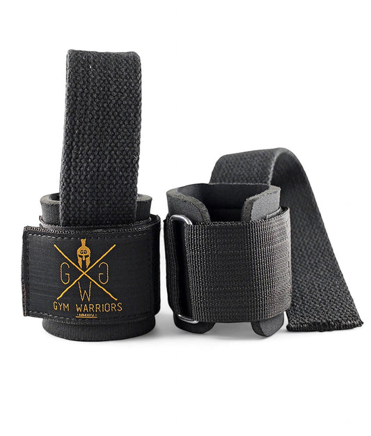 Schwarze Zughilfen mit Handgelenkschutz und goldenem Gym Warriors Logo